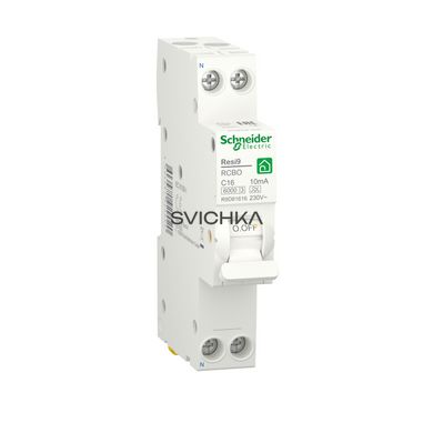 Компактний диференціальний автоматичний вимикач RESI9 Schneider Electric 16 А, 10 мA, 1P+N, 6кA, крива, тип А